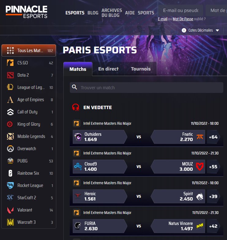 La liste des jeux e-sport disponibles chez Pinnacle